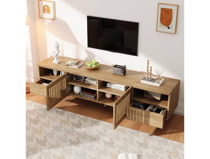 180cm TV‑Schrank aus MDF‑Holz, TV‑Lowboard mit 2 Gittertüren & 2 Schubladen, Fernsehschrank mit offenen Fächern, Massivholzbeine für Wohnzimmer, Geeignet für Fernsehgeräte von 55‑75 Zoll ,180×40×51 cm