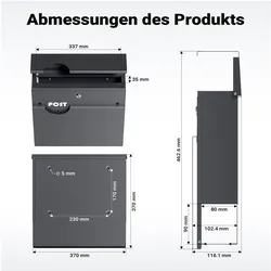 Wiltec, Briefkasten, Briefkasten Anthrazit V62 Postkasten Stahl Zeitungsfach Wandbriefkasten (37 x 10.20 x 37 cm)
