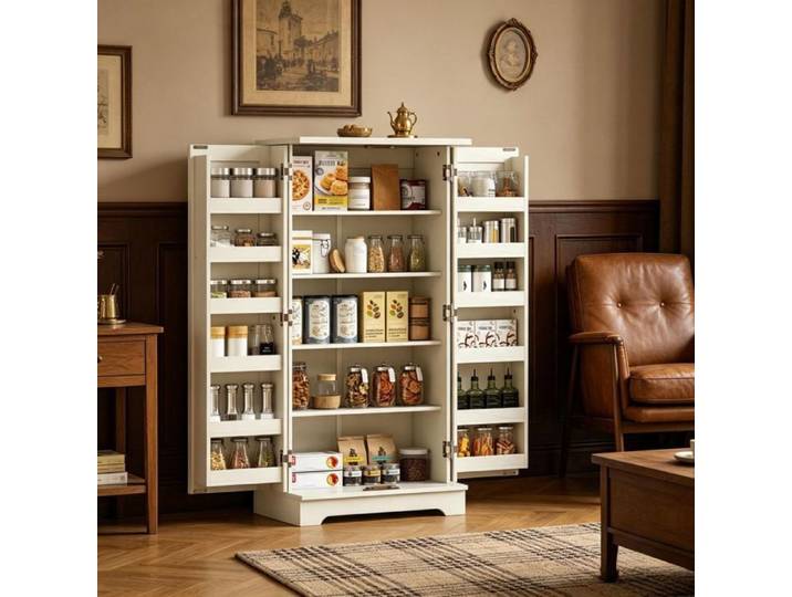 Meuble De Cuisine 60x40x120cm Crème Rétro - Buffet De Cuisine - Garde-Manger Étagères Réglables Portes Magnétiques Anti-Basculement