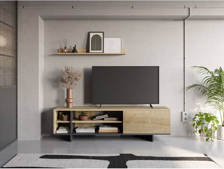 Meuble TV CEQUOIA - Chêne & Noir - 1 porte 4 niches - 160 x 35 6 x 44 cm