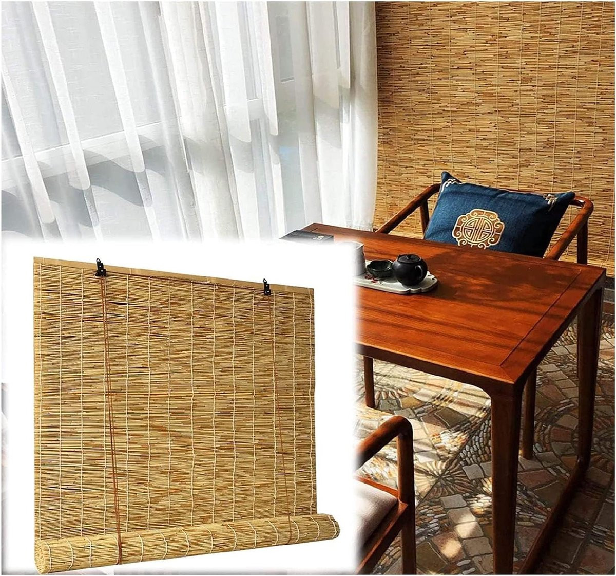 Handgeweven Bamboe Rolgordijn Natuurlijk Wicker Semi-transparant