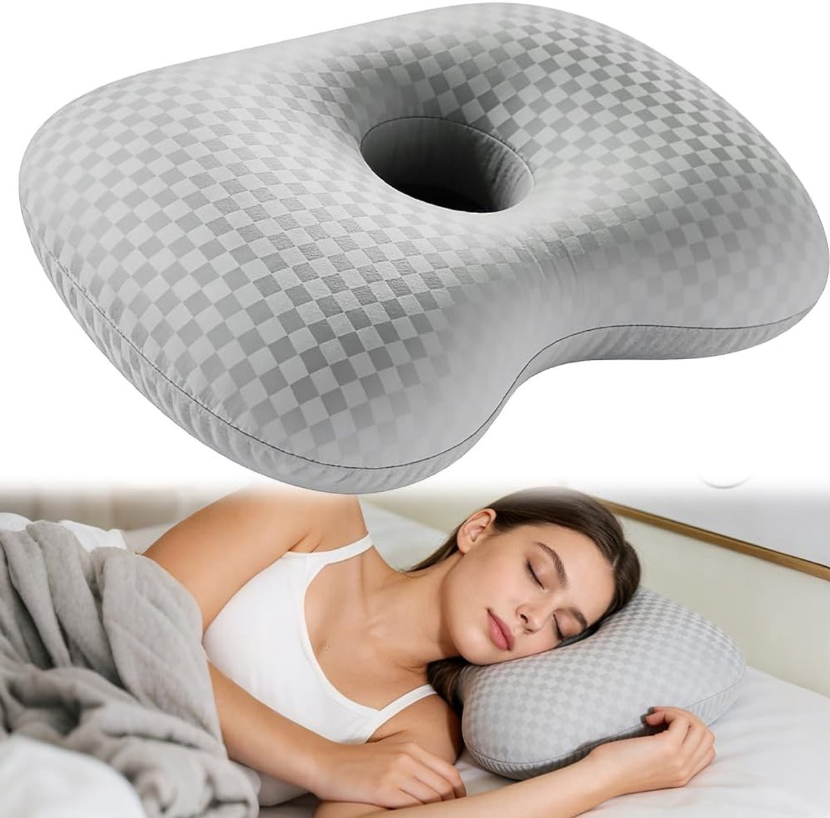 Grijs Oorpiercing Kussen - Donut Kussen voor een pijnloze slaap - 44 x 32 cm