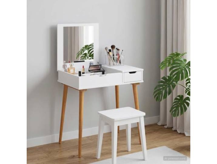 HKQWPBF Schminktisch FAUSKE Weiß 76 x 50 x 78 cm Holzwerkstoff Kiefer Klappspiegel, Kanten-Zug, Schublade, Regale, Holzwerkstoff, Kiefernholz, Weiß, Schlafzimmer, Ankleidezimmer