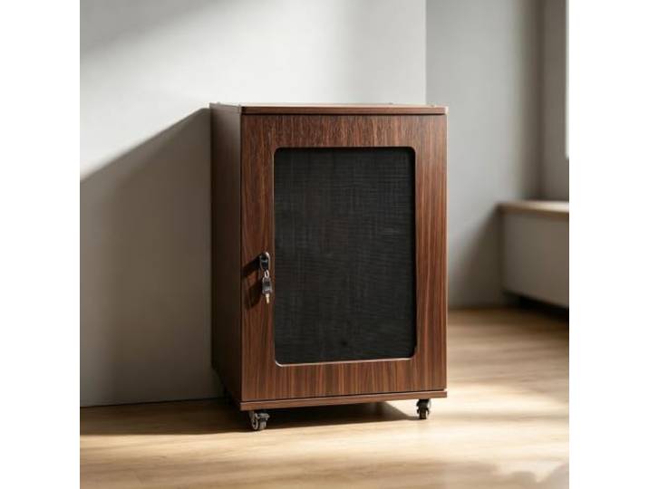 Hifi Rack mit Gittertür, Belüftung und Böden,Holz Audio Schrank für Zuhause Mobiler Plattenspieler Schrank mit Kabelöffnung, Stauraum für HiFi, Heimkino, Studio(Walnut 21.7*22.4*33.9IN)