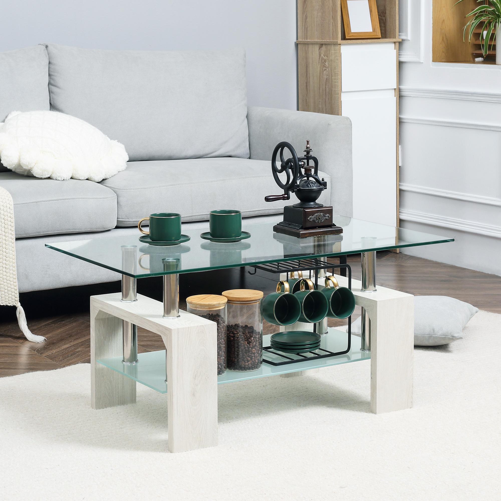 Homcom Tavolino da Caffè Moderno a 2 Livelli in Vetro e Legno, 90x50x42cm, Bianco Aosom