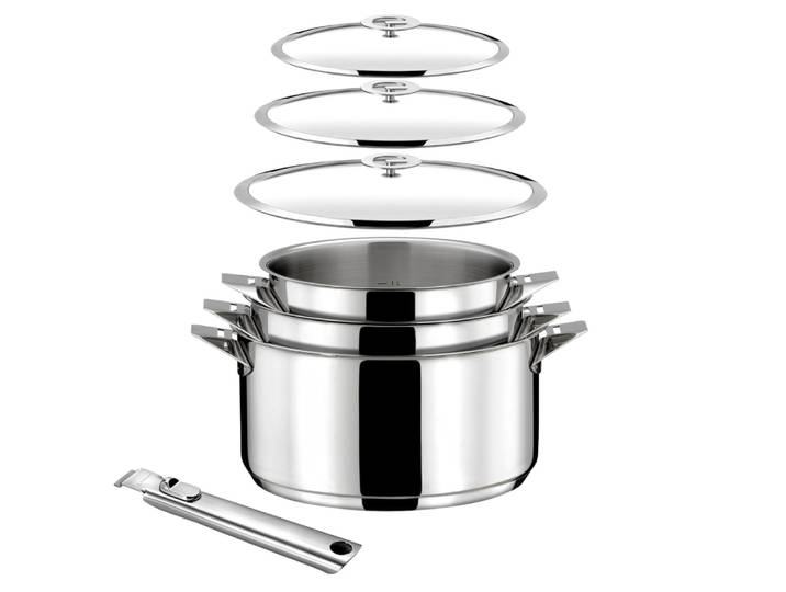 Lot 7 pièces - casseroles 16, 18 & 20 cm, 3 couvercles et poignée amo