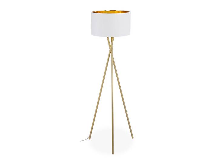 Relaxdays Stehlampe Weiß Gold Tripod, Goldfarben, Metall, Kunststoff, E27, 53.5x148.5x53.5 cm, Lampen & Leuchten, Innenbeleuchtung, Stehlampen