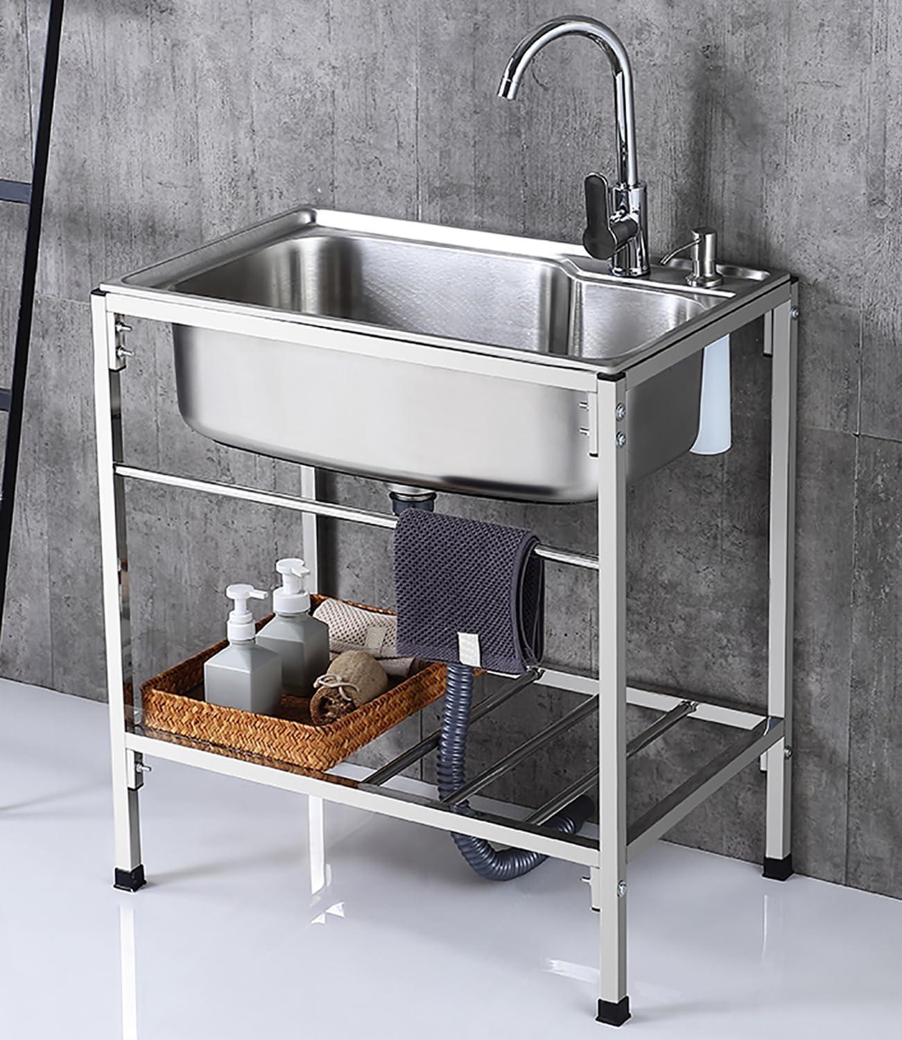 Einzelne Außenspüle aus Edelstahl, freistehend mit Schlauchanschluss, für gewerbliche Küchen mit heißem und kaltem Wasserhahn, geeignet für Restaurant, Bar, Wäsche, Garage und Hinterhof