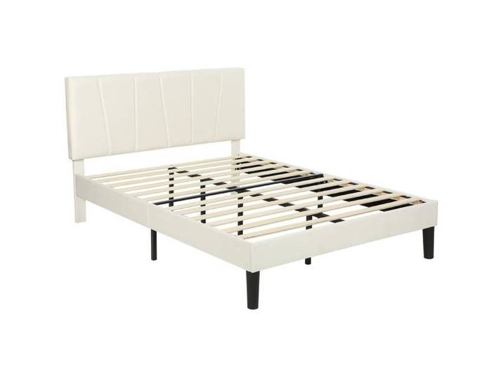 Cadre de lit double - lit 2 personnes 140 x 190 cm - HOMCOM - tête de lit réglable - avec sommier - cadre métallique - crème