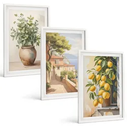 BILDER SET 3er Set - 40x60 cm Weißer Rahmen - Blumen in einer Vase, ein Meer aus Zitronen