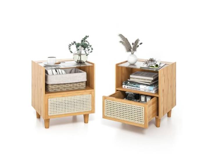 Helloshop26 Nachttische aus Bambus und Rattan, 43 x 35 x 50 cm, moderner versteckter Stauraum in Natur, 20_0012506