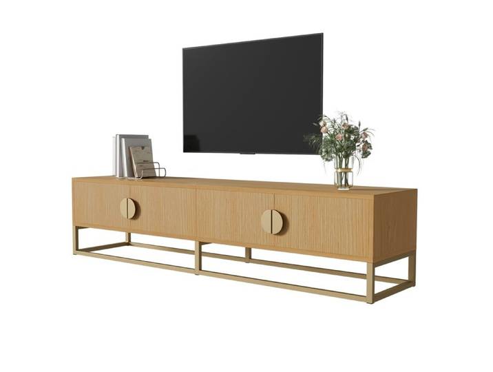 ROVRYN Meuble TV 180 cm 4 portes decor bois avec poignees demi-rondes et Soft-Close
