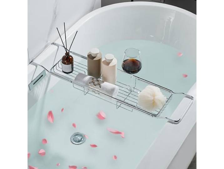 GIYDNEI Badewannen-Caddy aus Edelstahl, erweiterbarer Badewannentablett, Tisch, verstellbares Badezimmer-Tablett, Badewannen-Organizer, Wannenregal, Silber, 67 - 89,9 cm