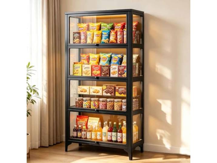 HLTQL Glasvitrine Stehend Vitrine Glas Schwarz Vitrinenschrank Küche Vitrine Glastür Glasvitrine Stehend Vitrinenschrank Standvitrine Mit 4 Ablagen Sammlervitrine Display Cabinet