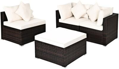 Costway 4 Pcs Ottoman Garden Deck Patio Rattan Wicker Furniture Set Cushioned Sofa-White