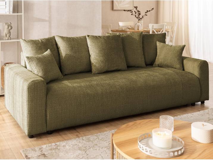 Calma - Komfortables 4-Sitzer Schlafsofa im Bumpy-Design mit Bettkasten aus weichem Grün Chenille-Stoff