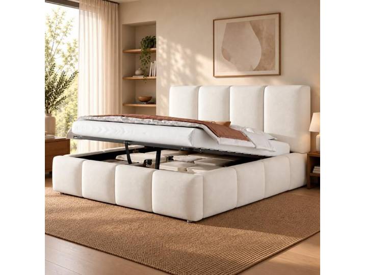 Lit coffre 180x200 cm blanc en bouclé lit double rembourré avec sommier et grand rangement hydraulique