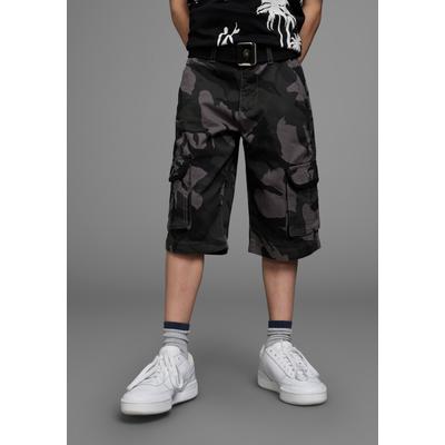 Shorts KIDSWORLD "2tlg. Bermudas+Gürtel", Mädchen, Gr. 134, N-Gr, grau (grau tarnfarben), Web, Obermaterial: 100% Baumwolle, tarnfarben, bequem, Hosen Shorts, mit Textilgürtel