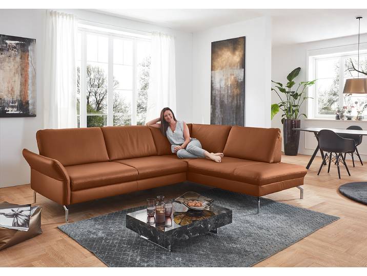 Ecksofa Wilcolo mit Ottomane Braun Echtleder Tomma 279 x 89 x 220cm Ottomane davorstehend rechts Keine Funktion Modern