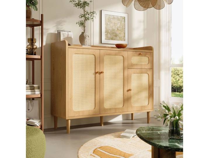 Buffet 3 portes 1 tiroir avec fermeture amortie - LPOSPI - MDF effet chêne façade rotin tressé marron