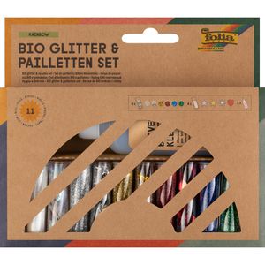 Folia 5791 Bio Glitter & Pailletten-Set Rainbow, 10 Farben sortiert je 7g, mit Kleber, in Dose