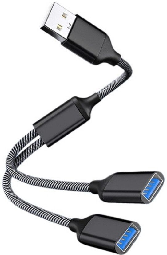 INF USB-auf-Dual-USB Adapter – Aluminiumlegierung 2-Port USB 2.0 Hub, Plug-and-Play, kompatibel mit Windows, macOS, Linux, Schwarz