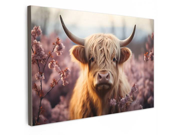 LEINWANDBILD Schottischer Hochländer - Frühling - Hochland Wanddeko 90x60 cm