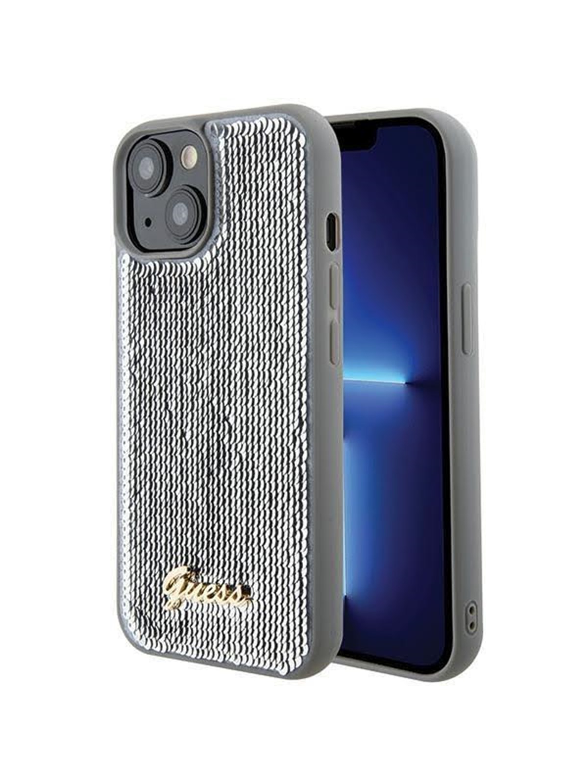 GUESS Sequin Script Metal case for iPhone 15 - silver