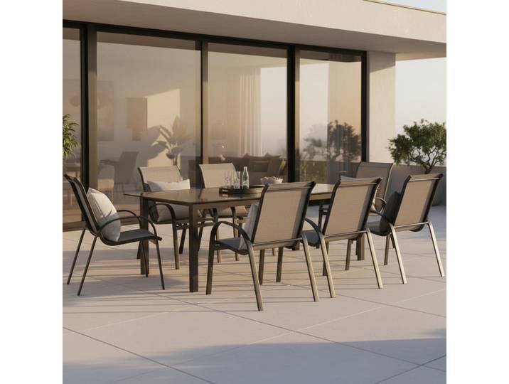 Gardenson Gartenset, Braun, Graphitfarben, Metall, 9-teilig, Uni, Tisch ausziehbar, Stühle stapelbar, Tisch mit Glasplatte, Gartenmöbel, Gartengarnituren, Gartenmöbel-Sets
