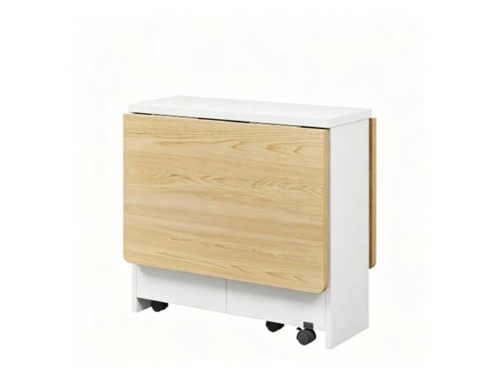 Koioplie Klapp-Esstisch 120x60x75 cm Drop-Leaf 6 Rollen Weiß/Holz Drop-Leaf, 6 Feststellrollen, Faltmechanismus, Kompakt, Apartment
