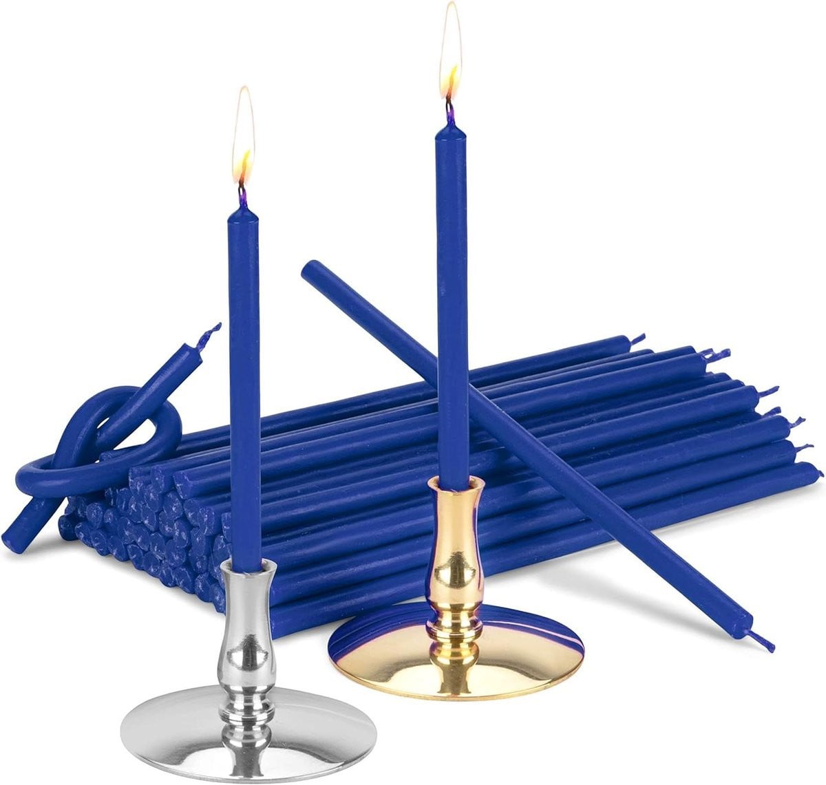 Set van kaarshouders met drupvrije kaarsen van 16 cm in blauw, goud en zilver