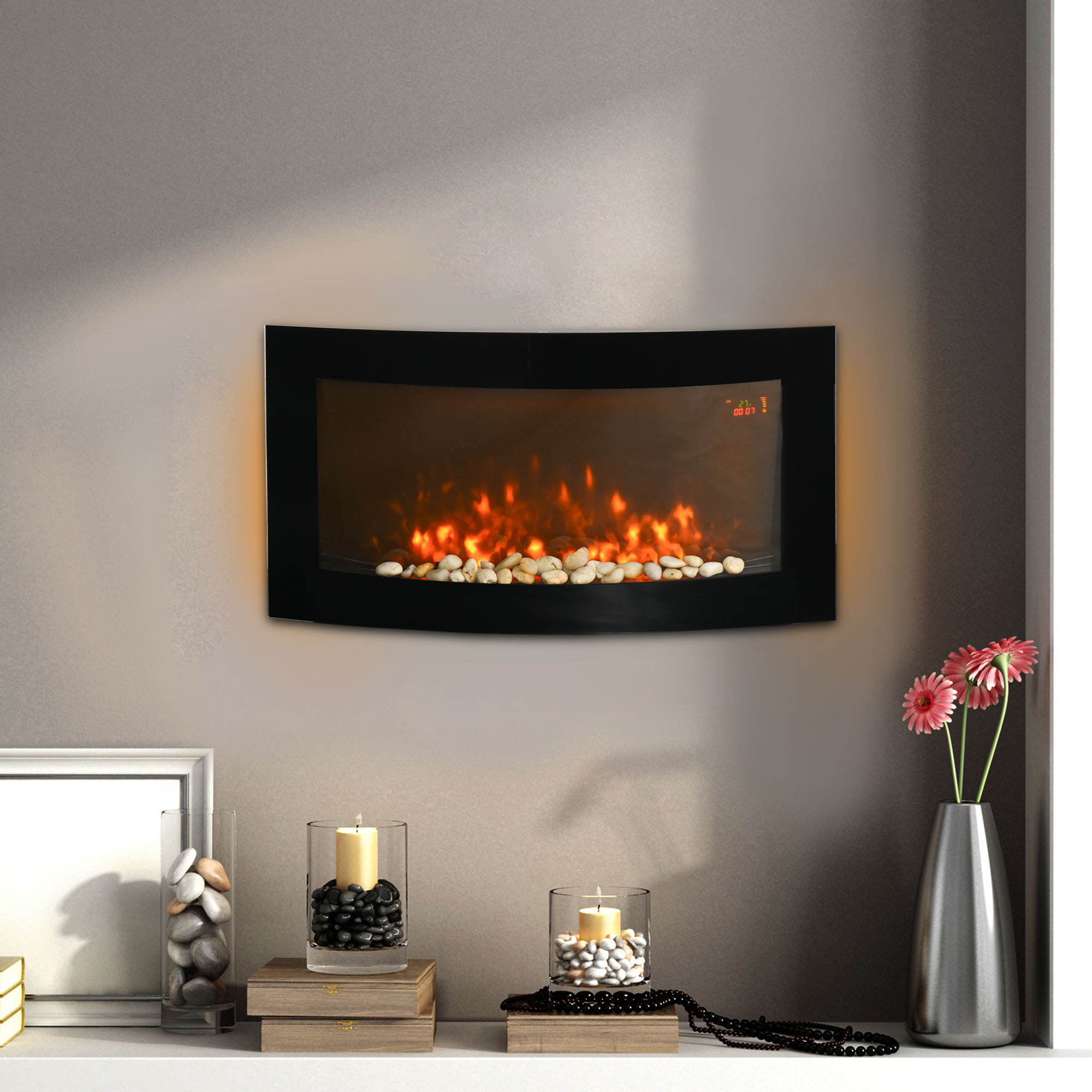 Homcom Camino Elettrico a Parete e da Incasso con Luce LED a 7 Colori, Potenza 1000/2000W e Temperatura 15-30°C, Nero