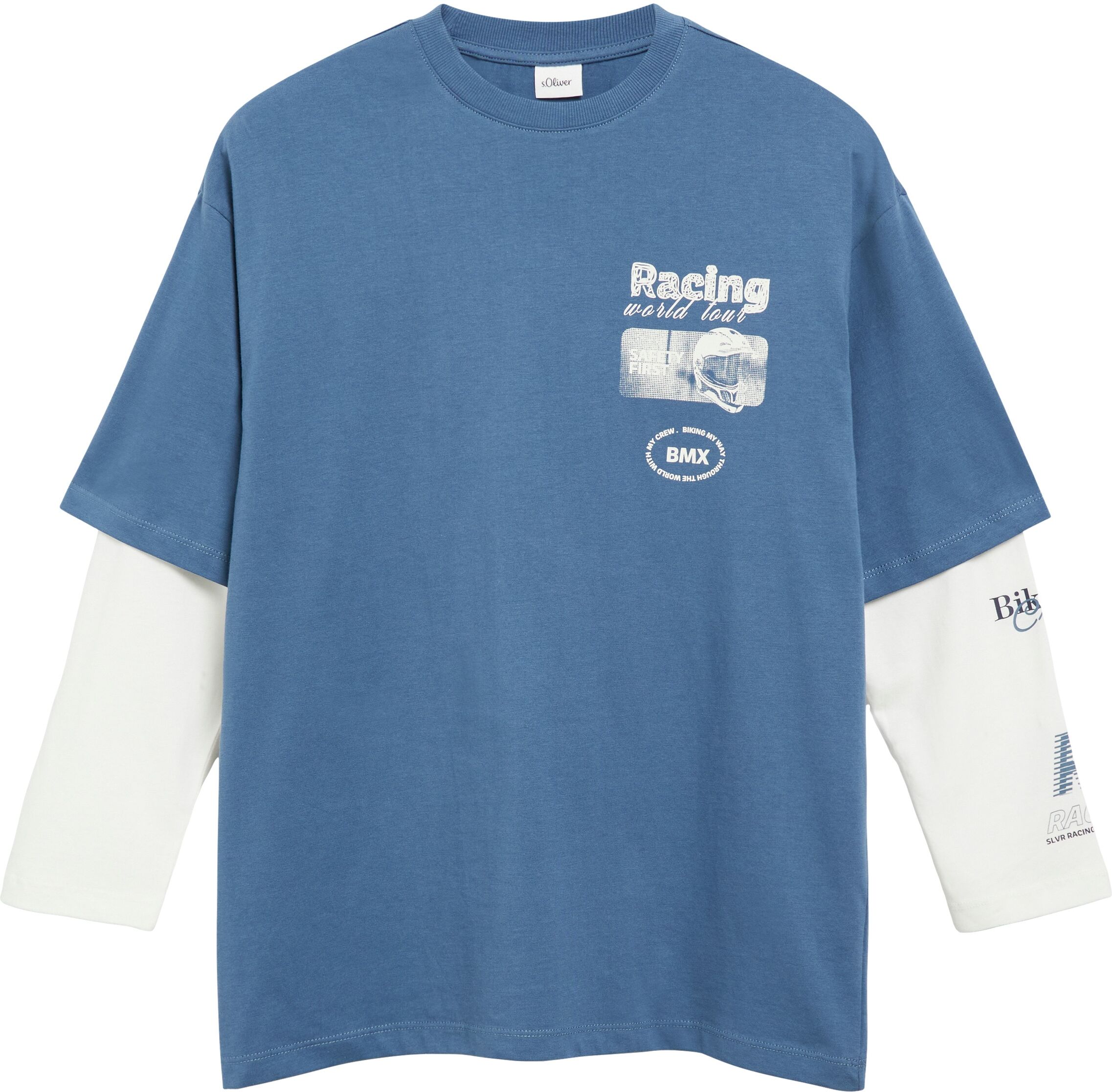 Oversize-Shirt S.OLIVER JUNIOR, Jungen, Gr. 170/176, blau, Jersey, Obermaterial: 100% Baumwolle, oversize hüftlang, Rundhals, Shirts, Oversize-Form im 2in1-Look