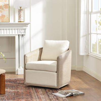 KINWELL Linen-Blend & Cane Solid Wood Frame Swivel Accent Chair