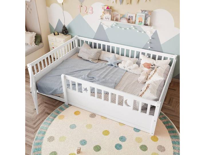 Lit enfant 140x190 cm barrières décor étoiles lunes blanc