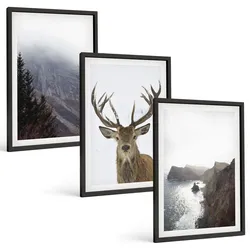 BILDER SET 3er Set - 40x60 cm Schwarzer Rahmen - Berglandschaft mit Hirschen