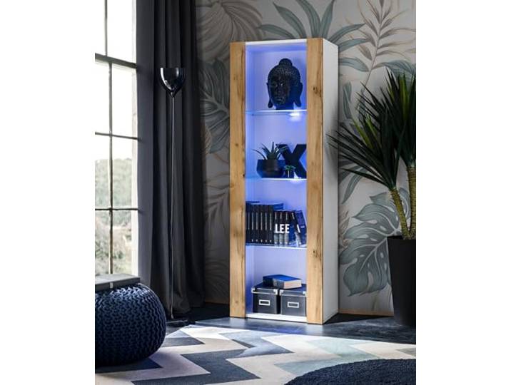 Komodee Vitrine Tivoli A1 Wotan/Weiß 55x159x35 cm Vitrine Tivoli, Wotan/Weiß, Breite 55cm x Höhe 159cm x Tiefe 35cm, LED Blau, 3 Regalböden, Glassvitrine für Wohnzimmer