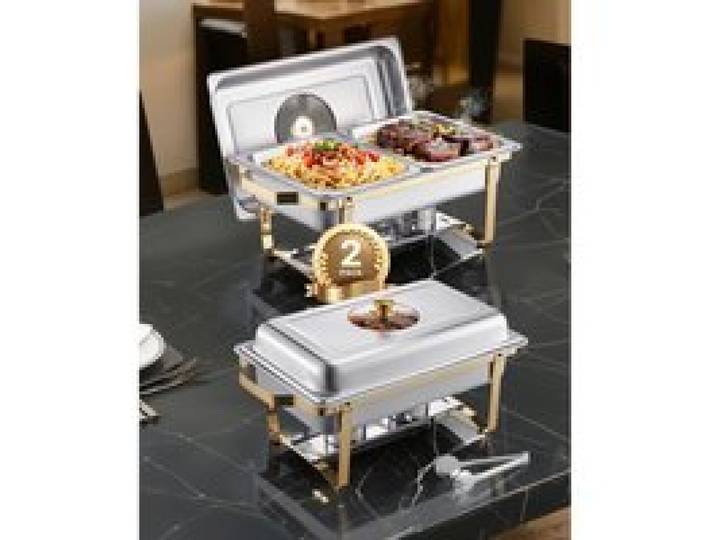 VEVOR Chauffe-Plat Rectangulaire 2PCs 4 L, Buffet Chauffant avec 4 Bacs Demie Taille, Réchaud en Acier Inoxydable avec Couvercle en Verre, pour Buffet Libre-Service Hôtel Traiteur Restauration, Doré