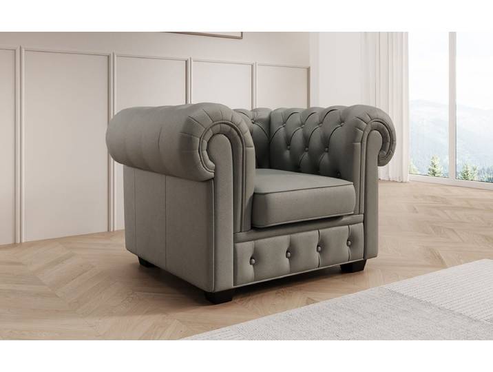 Chesterfield Sessel Royal in Echtleder - Hellgrau - Echtleder - Luxusbetten24