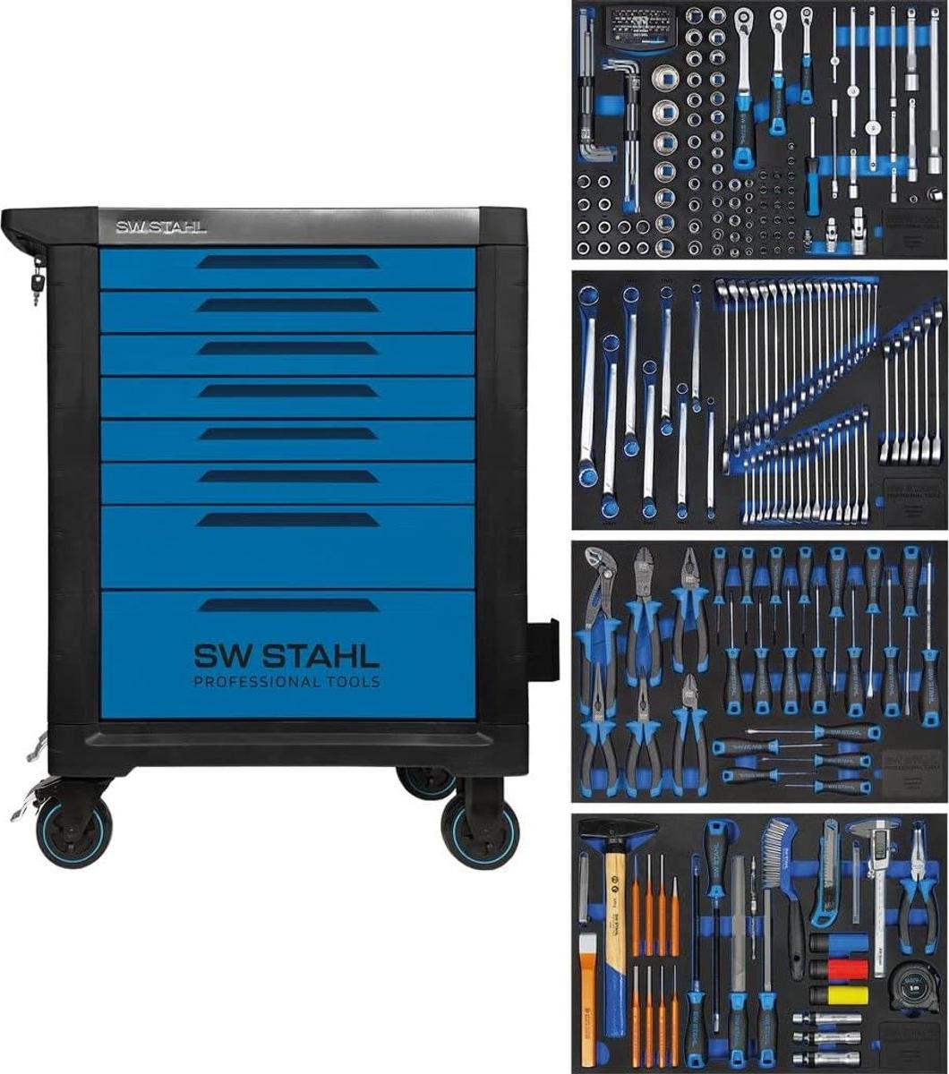 SW-Stahl Z3113 Profi Werkstattwagen TT801 blau I 8 Schubladen I 4 Schubladen gefüllt I 246 teilig I Werkstatt Rollwagen mit Werkzeug bestückt I Twin-Lock I Werkstattwagen kit I voll ausgestattet