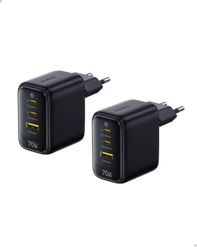 Baseus Enerfill 70W USB C-oplader, Set van 2 stuks GaN6 3-poorts snelladers voor MacBook, iPhone, iPad en Galaxy