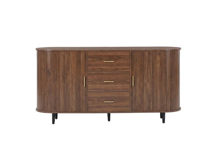 Flieks Sideboard 3 Schubladen Schiebetüren Rillenoptik Metallfüße, Walnussfarben, 160x80.5x40 cm, Kleinmöbel, Kommoden, Sideboards