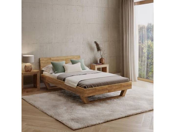 skølm Nornir Massivholzbett 120x200 cm, Bett mit Kopfteil, Massivholz Eiche Bettrahmen mit 1 Strebe & Kufen Bettbeine, aus Massivholz, hochwertiges Holzbett, Bettgestell geölt, geeignet als Doppelbett