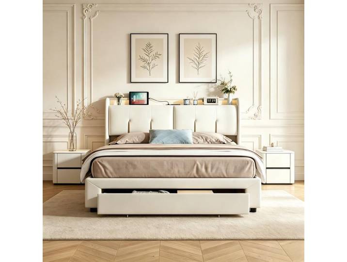 Lit Coffre 140x190 - LED - Lit Double 140x190 cm - Tête de Lit avec LED et USB - Lit 140x190 avec Sommier - Velours Blanc Cassé