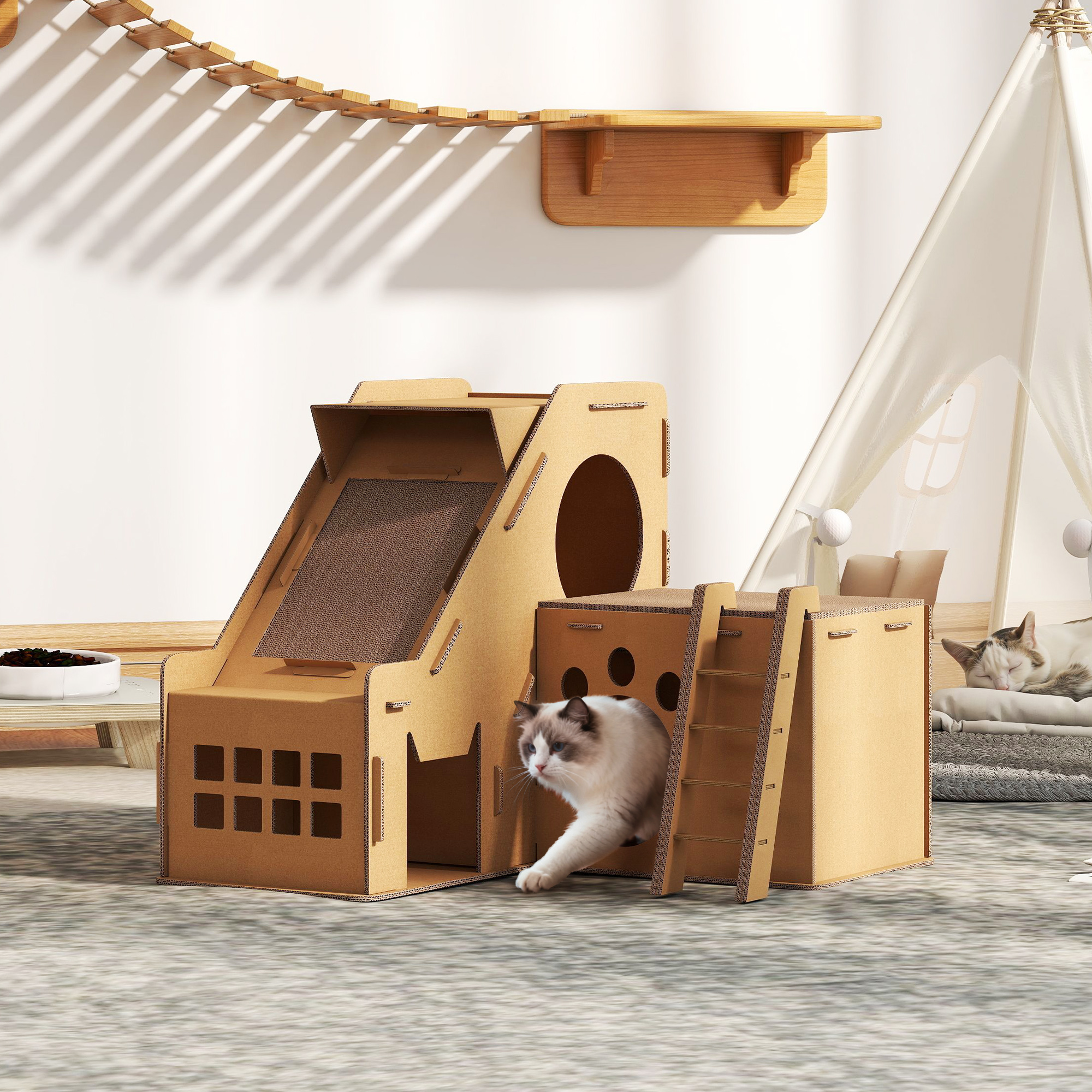 Pawhut Tiragraffi in Cartone per Gatti a Forma di Castello 2 in 1, con 2 Aree di Graffiatura 67x66x57 cm Marrone   Aosom Italy