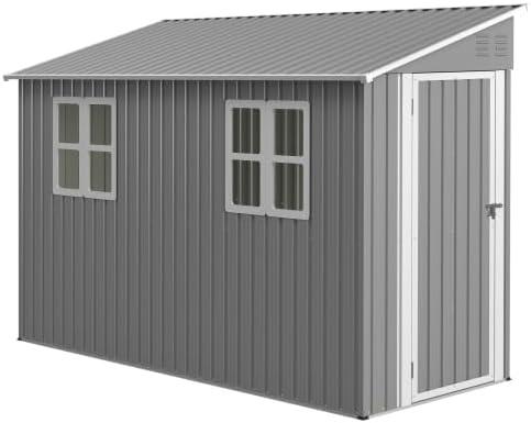 Metall Geräteschuppen 1,2x3m - Grau, wetterfestes Gartenhaus mit Boden-Kit, Anlehn-Design mit Tür & 2 Fenstern, rostfreier Fahrradschuppen für Outdoor