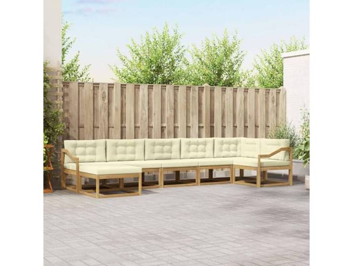 RJPLMFV Sektionalsofa, für den Außenbereich, 7-teilig, Cremeweiß Massives Akazienholz, Lattenrahmen, modulares Design, pflegeleicht, für Terrasse, Garten, Pool