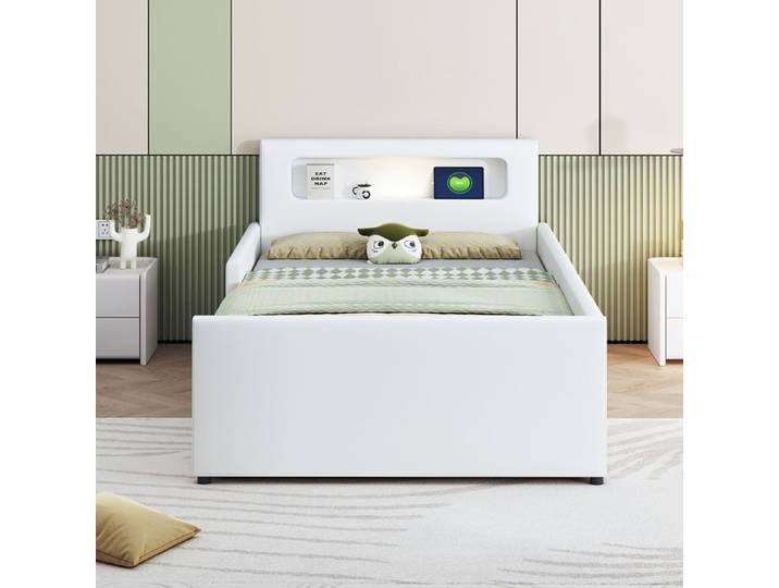 Lit 90x200 cm enfant - avec rangement compartiments de rangement - SWEIKO - Blanc