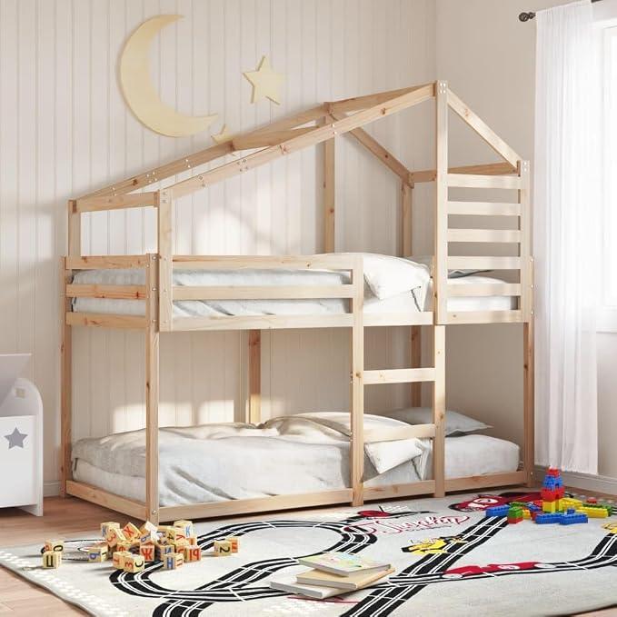 Etagenbett mit Dach 80x200 cm Massivholz Kiefer Kinderbett mit Stauraum und offener Dachseite für begrenzte Räume, geeignet für Kinder unter 6 Jahren