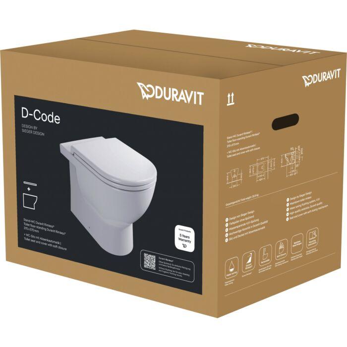 Duravit D-Code Stand-Tiefspül-WC-Set 40370900A1 mit WC-Sitz, Absenkautomatik, Rimless, weiß